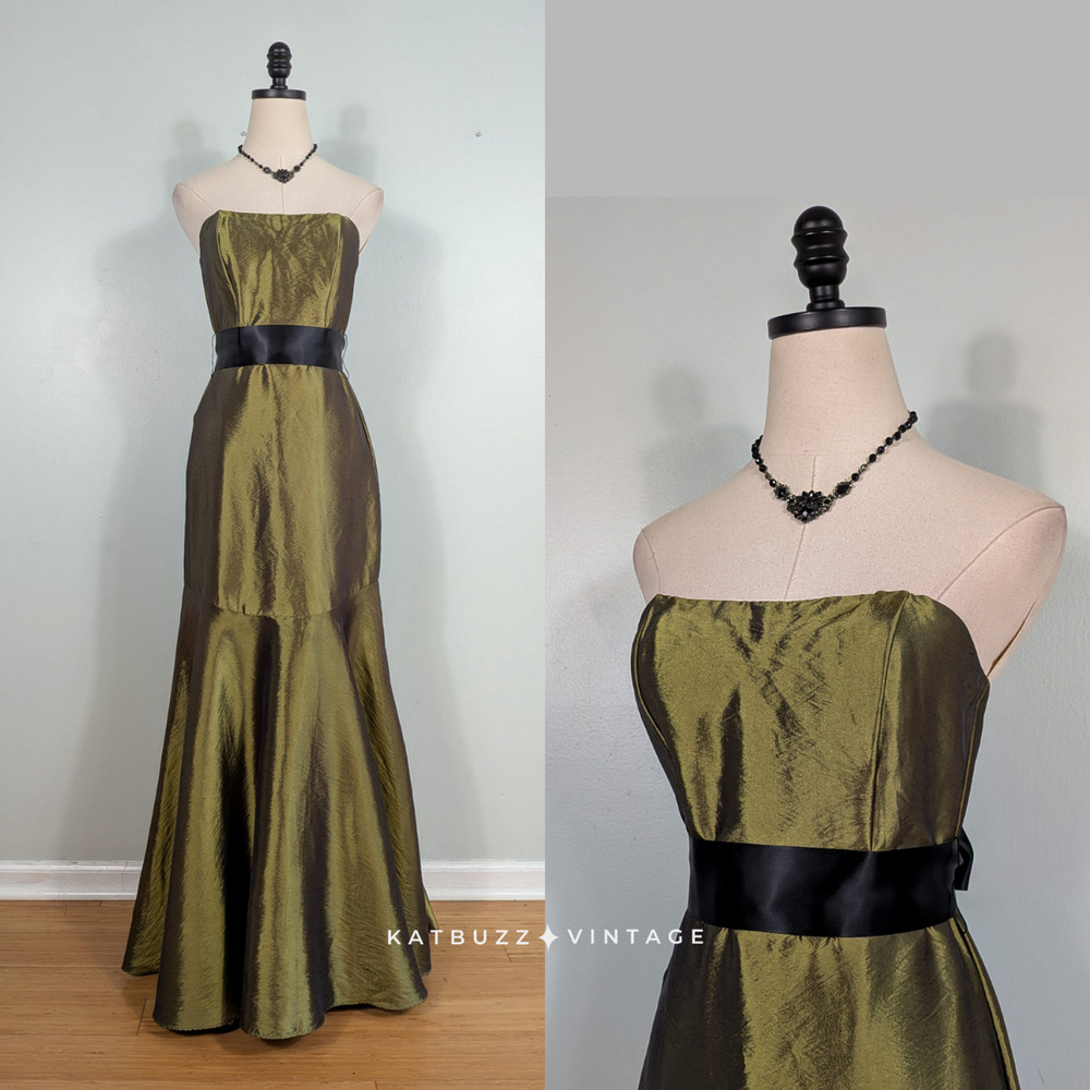 Vintage Betsy Adam Prom Dress Maxi Gown 6 Olive Green Strapless Y2K Mermaid Glam